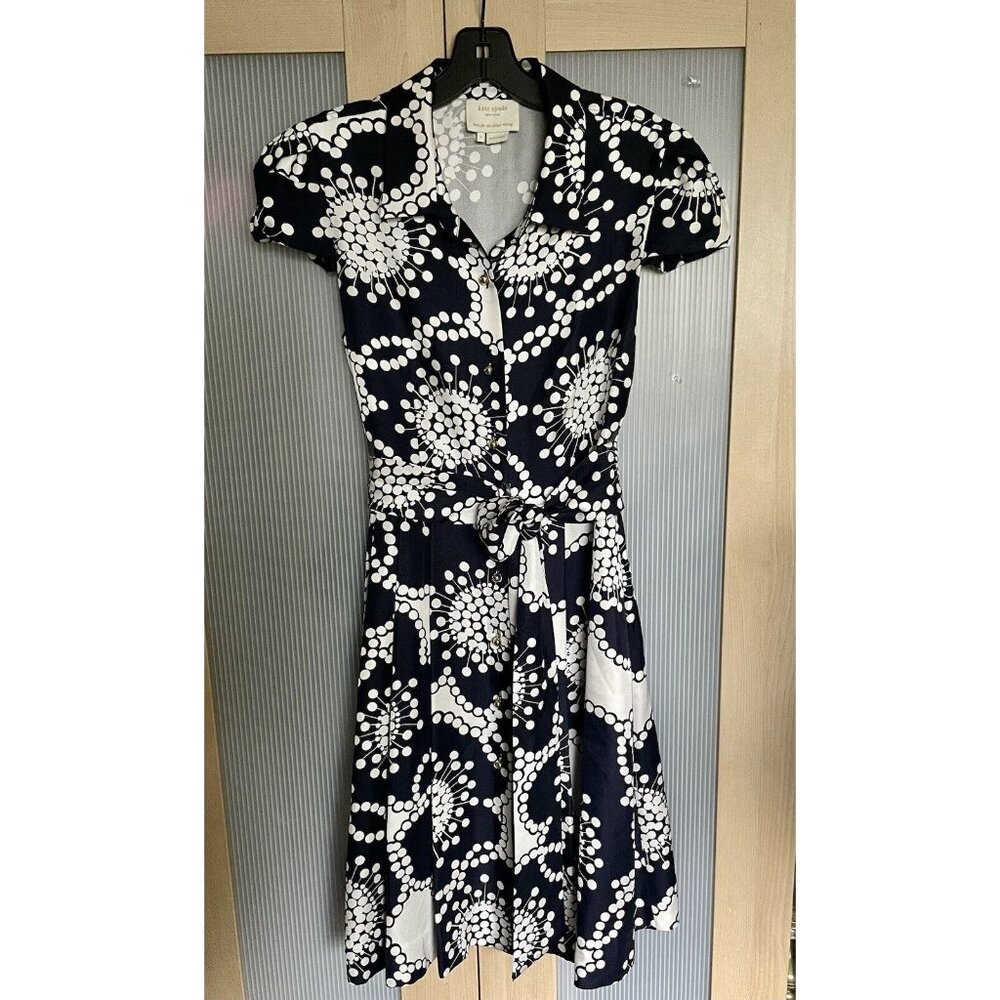 Navy and White Printed Short Sleeve Wrap Dress